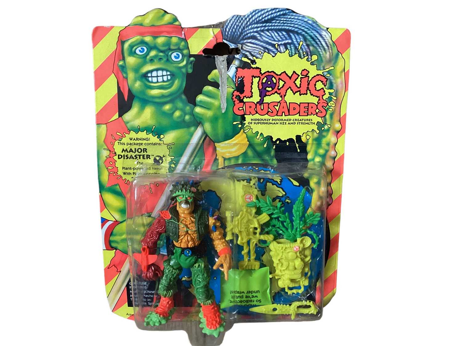Lot 21 - Playmates Toxic Crusaders (c1990) Toxie No.2001, Headbanger No.2002 & Major Disaster No.2033, on card with bubblepack, plus Card Game boxed No.3655 (4)