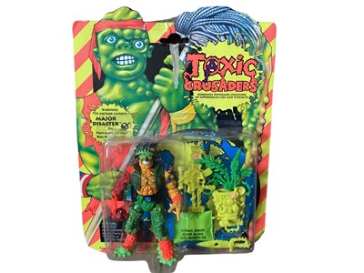 Lot 21 - Playmates Toxic Crusaders (c1990) Toxie No.2001, Headbanger No.2002 & Major Disaster No.2033, on card with bubblepack, plus Card Game boxed No.3655 (4)