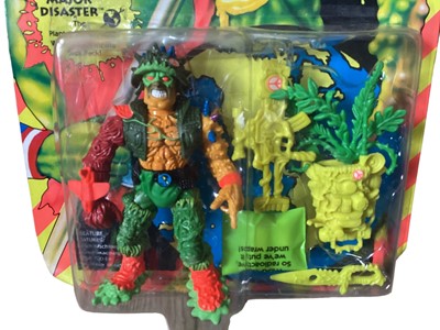 Lot 21 - Playmates Toxic Crusaders (c1990) Toxie No.2001, Headbanger No.2002 & Major Disaster No.2033, on card with bubblepack, plus Card Game boxed No.3655 (4)