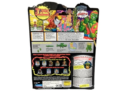 Lot 21 - Playmates Toxic Crusaders (c1990) Toxie No.2001, Headbanger No.2002 & Major Disaster No.2033, on card with bubblepack, plus Card Game boxed No.3655 (4)