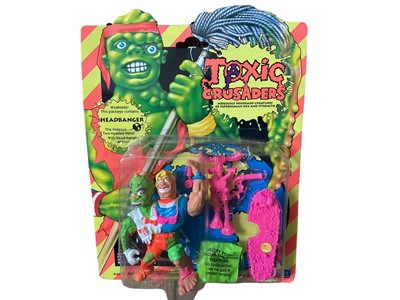 Lot 21 - Playmates Toxic Crusaders (c1990) Toxie No.2001, Headbanger No.2002 & Major Disaster No.2033, on card with bubblepack, plus Card Game boxed No.3655 (4)