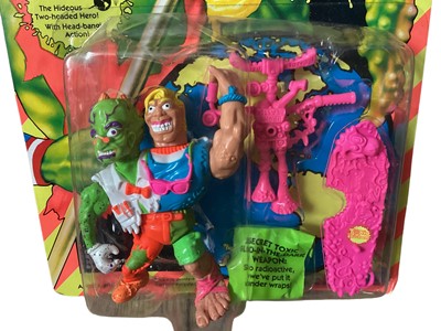 Lot 21 - Playmates Toxic Crusaders (c1990) Toxie No.2001, Headbanger No.2002 & Major Disaster No.2033, on card with bubblepack, plus Card Game boxed No.3655 (4)