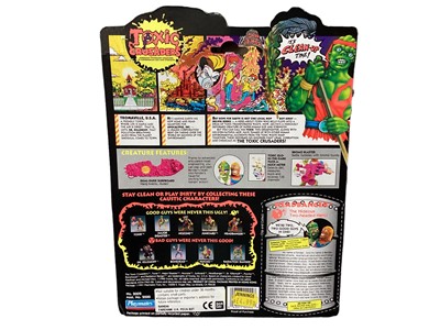 Lot 21 - Playmates Toxic Crusaders (c1990) Toxie No.2001, Headbanger No.2002 & Major Disaster No.2033, on card with bubblepack, plus Card Game boxed No.3655 (4)