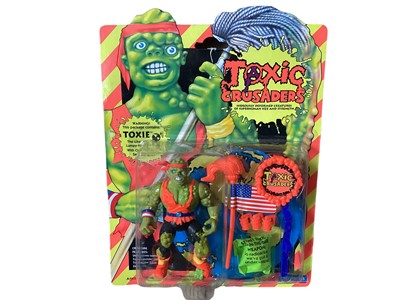 Lot 21 - Playmates Toxic Crusaders (c1990) Toxie No.2001, Headbanger No.2002 & Major Disaster No.2033, on card with bubblepack, plus Card Game boxed No.3655 (4)