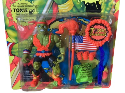 Lot 21 - Playmates Toxic Crusaders (c1990) Toxie No.2001, Headbanger No.2002 & Major Disaster No.2033, on card with bubblepack, plus Card Game boxed No.3655 (4)
