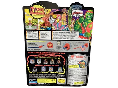 Lot 21 - Playmates Toxic Crusaders (c1990) Toxie No.2001, Headbanger No.2002 & Major Disaster No.2033, on card with bubblepack, plus Card Game boxed No.3655 (4)