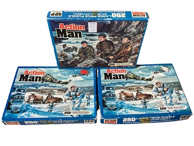 Lot 22 - Palitoy Action Man International German Paratrooper Uniform No.34284, Two Military Panorama Rub Down Action Transfers & 250 piece puzzles (x3) (5)