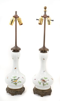 Lot 260 - Pair of Meissen bird painted table lamps