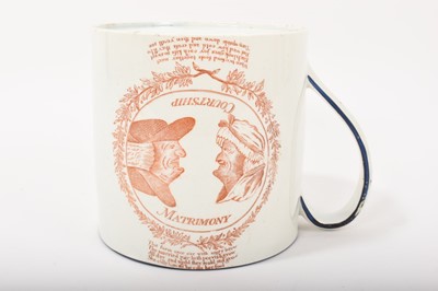 Lot 131 - Wedgwood large cylindrical mug, printed with a comical print ‘Matrimony’, the reverse with a three masted ship, circa 1800-10, impressed mark