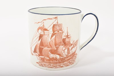 Lot 131 - Wedgwood large cylindrical mug, printed with a comical print ‘Matrimony’, the reverse with a three masted ship, circa 1800-10, impressed mark