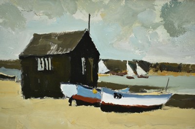 Lot 937 - *Donald McIntyre (1923-2009) oil on board - 'Walberswick No. 1', initialled, inscribed and titled verso, 25cm x 38cm, in glazed frame