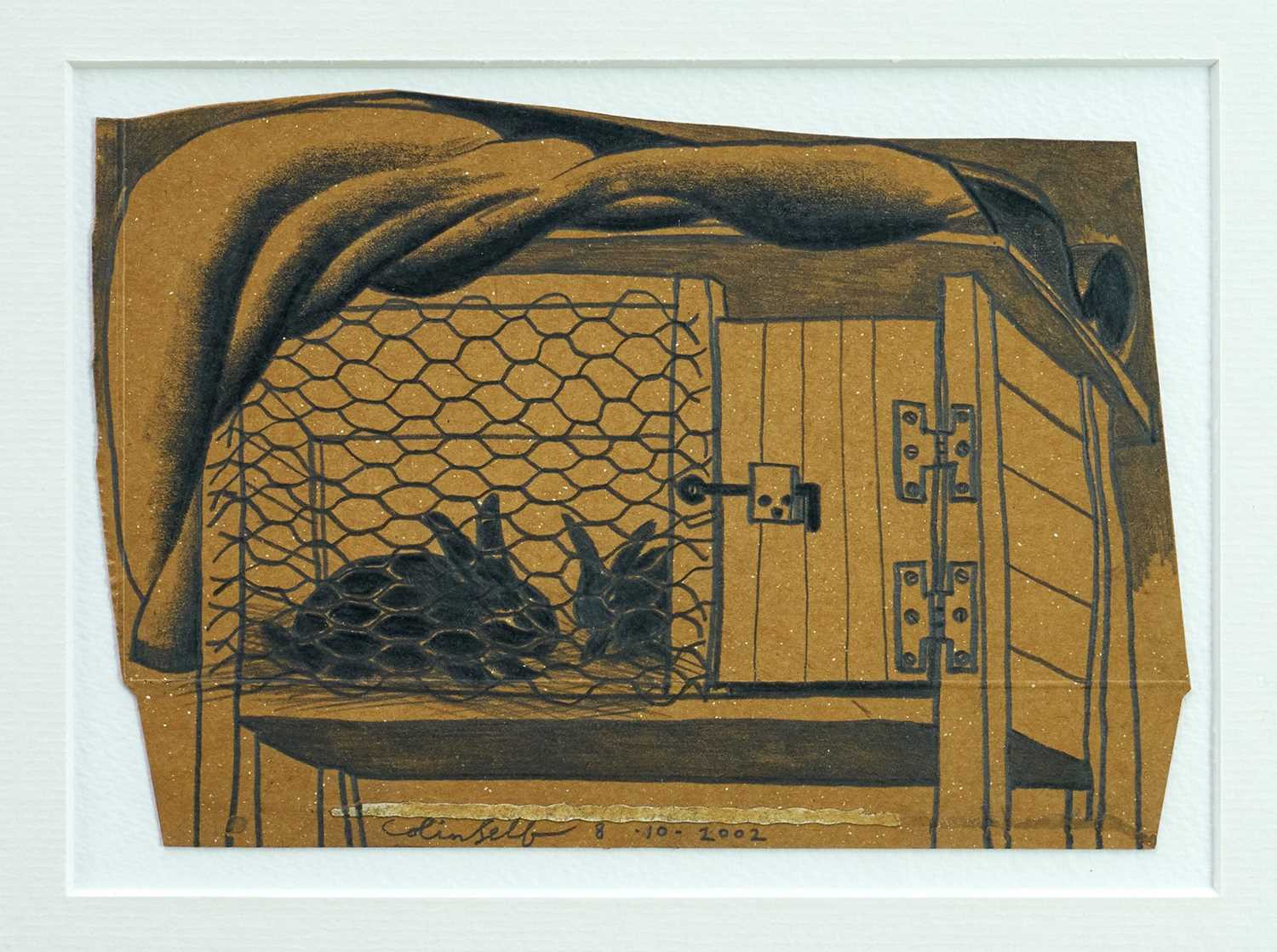 Lot 939 - *Colin Self (b.1941) pencil drawing - 'Two Rabbits in a Hutch' signed and dated 8.10.2002, 14cm x 19cm, in glazed frame
