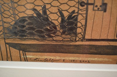 Lot 939 - *Colin Self (b.1941) pencil drawing - 'Two Rabbits in a Hutch' signed and dated 8.10.2002, 14cm x 19cm, in glazed frame