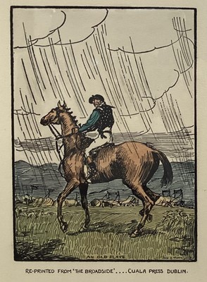 Lot 195 - Jack Butler Yeats - 'An Old Slave', 20th century hand-coloured woodcut, published by the Cuala Press, 32cm x 21.5cm, within an ebonized wood frame