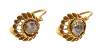 Lot 423 - Pair of 19th century rose cut diamond earrings in a gold rosette setting with hook fittings for pierced ears, continental hallmarks