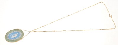 Lot 427 - Antique Wedgwood Jasperware pendant necklace, the oval panel depicitng an allegory of Hope in a 15ct gold mount suspended from a gold trace chain with seed pearl spacers, 45cm long