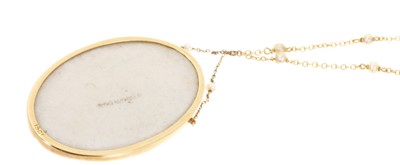 Lot 427 - Antique Wedgwood Jasperware pendant necklace, the oval panel depicitng an allegory of Hope in a 15ct gold mount suspended from a gold trace chain with seed pearl spacers, 45cm long