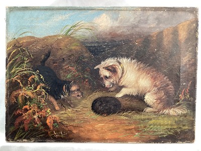 Lot 109 - J. Langlois Terriers, oil on canvas, Terriers with hedgehog, signed