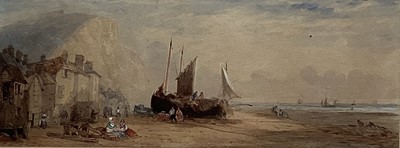 Lot 166 - Group of four 19th century watercolours in glazed gilt frames to include a view of Hastings with fisherfolk, signed Ford, 12cm x 31cm, B. F. Barclay view of a harbour, signed and dated 1911, 18c...