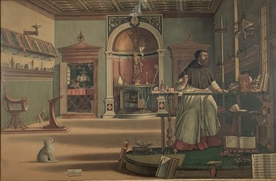 Lot 194 - 19th century engraving - the Vision of Saint Augustine of Hippo in his study, after Vettore Carpaccio in the Scuolo di San Giorgio degli Schiavone, Venice, 44cm x 68cm, framed