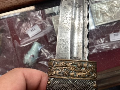 Lot 799 - Victorian Scottish Regimental dirk with etched polished steel fullered blade depicting royal arms, trophies, insignia and battle honours of the Highland Light Infantry