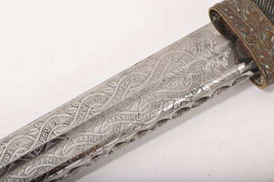 Lot 799 - Victorian Scottish Regimental dirk with etched polished steel fullered blade depicting royal arms, trophies, insignia and battle honours of the Highland Light Infantry