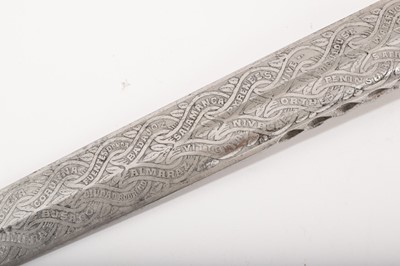 Lot 799 - Victorian Scottish Regimental dirk with etched polished steel fullered blade depicting royal arms, trophies, insignia and battle honours of the Highland Light Infantry
