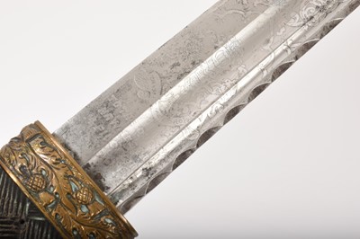 Lot 799 - Victorian Scottish Regimental dirk with etched polished steel fullered blade depicting royal arms, trophies, insignia and battle honours of the Highland Light Infantry