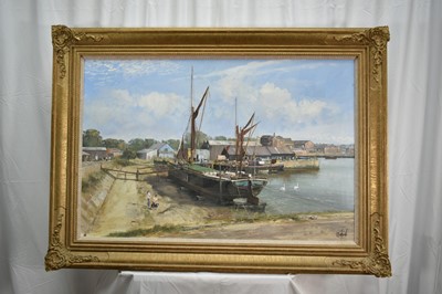 Lot 1401 - *Clive Madgwick (1939-2005) oil on canvas - Ethel May, Mistley Docks, 1987, signed, 61cm x 91cm, in gilt frame