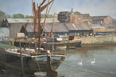 Lot 1401 - *Clive Madgwick (1939-2005) oil on canvas - Ethel May, Mistley Docks, 1987, signed, 61cm x 91cm, in gilt frame