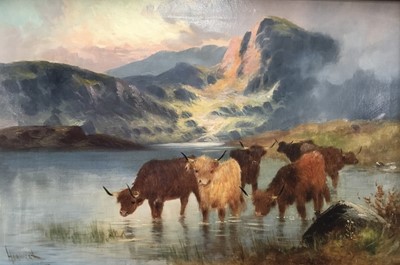 Lot 22 - H Lambert oil on canvas - Highland cattle, signed, 40cm x 60cm, in gilt frame