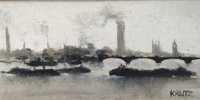 Lot 19 - Manner of Anthony Robert Krlitz (1917-2000) oil on canvas - London, The Thames, signed, 30cm x 60cm, framed (2)
