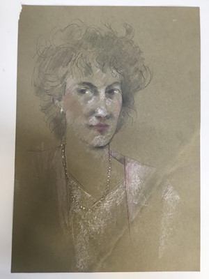 Lot 265 - Peter Collins mixed media on paper - Portrait of a young woman, possibly Elisabeth Frink, 45cm x 31cm unframed