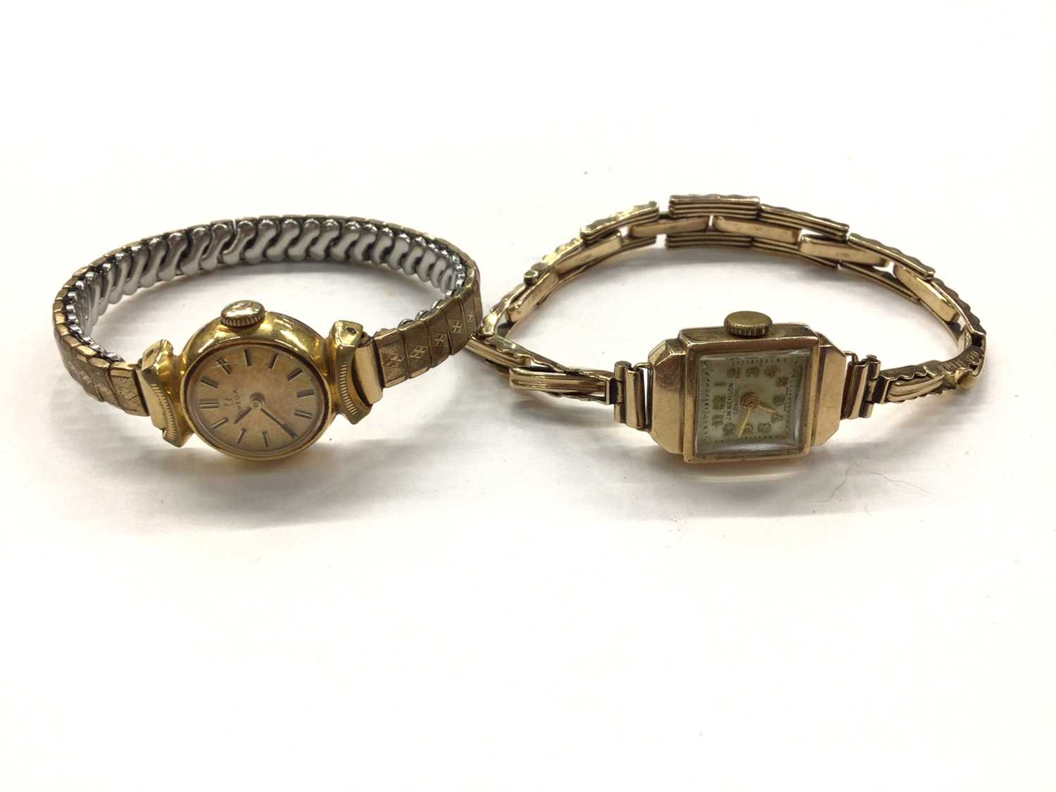 Lot 1025 - 1960s Omega ladies gold plated wristwatch and 9ct gold cased ladies JW Benson wristwatch on 9ct gold bracelet (2)