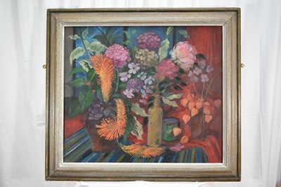 Lot 1058 - *Henry Collins (1910-1994) oil on canvas - 'Flowers in August', signed, titled and inscribed verso, dated 1989, 66cm x 77cm, in painted frame