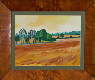 Lot 138 - Helen Dougall (b.1943) watercolour - Suffolk Landscape, signed, 33.5cm x 43cm, in walnut veneered frame Provenance: the collection of the late Lord Phillips of Sudbury (1939-2023)