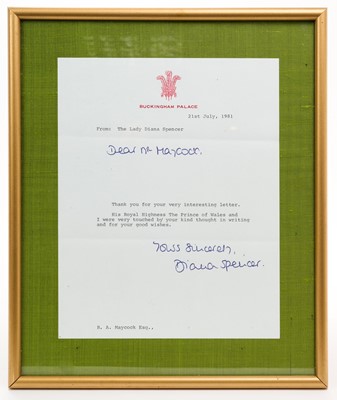 Lot 43 - Lady Diana Spencer signed and inscribed letter, dated 21st July 1981, in glazed frame (8 days before wedding)