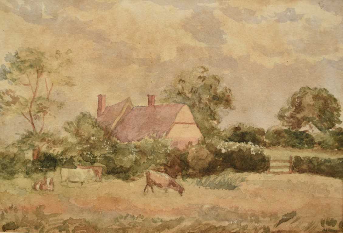 Lot 253 - Circle of Thomas Churchyard, 19th century watercolour - Cattle Grazing, 11cm x 14.5cm, in glazed frame
