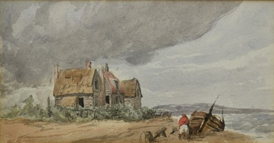Lot 255 - East Anglian School, mid 19th century, three ink and watercolours - Great Yarmouth Beach, 12cm x 23cm, in glazed gilt frames
