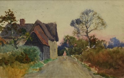 Lot 137 - Henry John Sylvester Stannard (1870-1951) watercolour - Figure before a thatched house, 24cm x 38cm, in glazed gilt frame Provenance: Abbott & Holder, The W. Stannard Estate Sale, 2n...