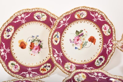 Lot 119 - 19th century Spode dessert service, painted and moulded with floral patterns on a puce and gilt ground, comprising 12 plates, 4 dishes and a centrepiece