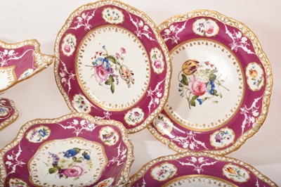 Lot 119 - 19th century Spode dessert service, painted and moulded with floral patterns on a puce and gilt ground, comprising 12 plates, 4 dishes and a centrepiece