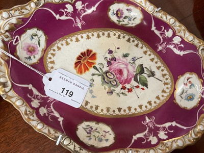 Lot 119 - 19th century Spode dessert service, painted and moulded with floral patterns on a puce and gilt ground, comprising 12 plates, 4 dishes and a centrepiece