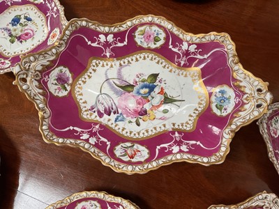Lot 119 - 19th century Spode dessert service, painted and moulded with floral patterns on a puce and gilt ground, comprising 12 plates, 4 dishes and a centrepiece