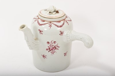 Lot 134 - 18th century Chinese export porcelain chocolate pot with famille rose decoration, 15cm in overall height.