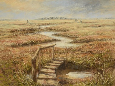 Lot 270 - Lynette Singers, (Contemporary), pastel - 'Walk to Ray Island, Mersea', signed, 25cm x 33cm, in glazed frame