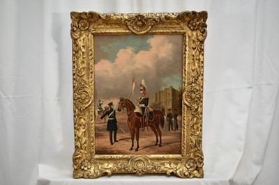 Lot 1122 - Attributed to Henry Martens (c.1790-1868) oil on canvas - Suffolk Yeomanry Cavalry, inscribed and dated 1845, 36cm x 25.5cm, in good gilt frame, together with a 19th century hand coloured engravin...