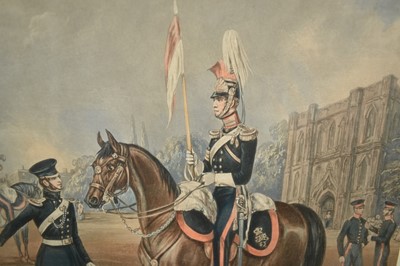 Lot 1122 - Attributed to Henry Martens (c.1790-1868) oil on canvas - Suffolk Yeomanry Cavalry, inscribed and dated 1845, 36cm x 25.5cm, in good gilt frame, together with a 19th century hand coloured engravin...