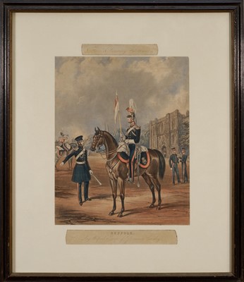 Lot 1122 - Attributed to Henry Martens (c.1790-1868) oil on canvas - Suffolk Yeomanry Cavalry, inscribed and dated 1845, 36cm x 25.5cm, in good gilt frame, together with a 19th century hand coloured engravin...