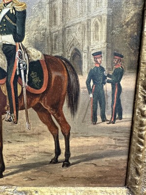 Lot 1122 - Attributed to Henry Martens (c.1790-1868) oil on canvas - Suffolk Yeomanry Cavalry, inscribed and dated 1845, 36cm x 25.5cm, in good gilt frame, together with a 19th century hand coloured engravin...